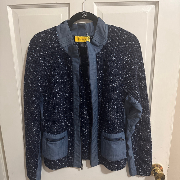 ST. JOHN Navy Blue Knit Denim Jacket Size L PTP w/using no stretch approx. 20” - Picture 10 of 10